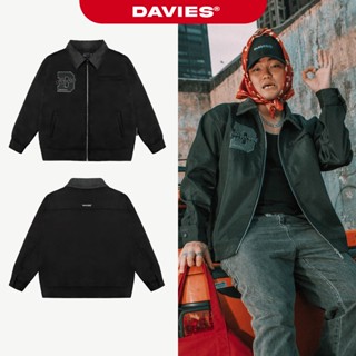 Áo khoác dù 2 lớp phối cổ nhung DAVIES thêu logo D dây kéo màu đen logo su có túi trong D Harrington Jacket| D34-AK6