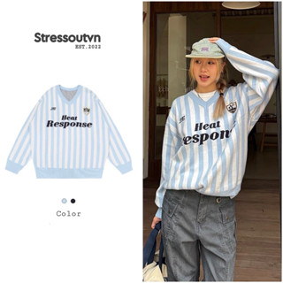 Áo Sweater Len Cổ V Kẻ Sọc Phong Cách Hàn Quốc Form Rộng-Stressout