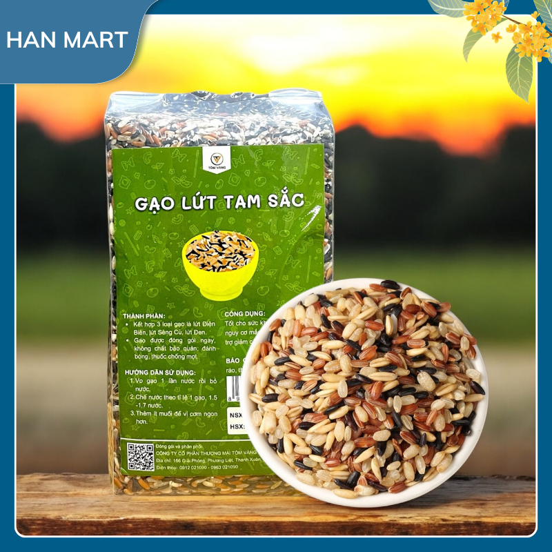 Gạo lứt dẻo tam sắc Điện Biên 1kg Tôm Vàng (mix tím than/ Đỏ điện biên/ Lứt Séng Cù)