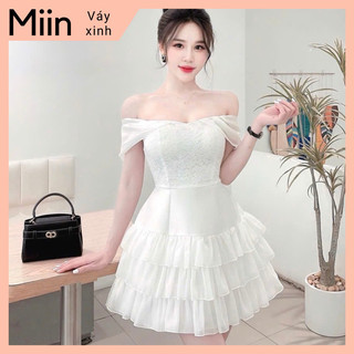 Váy Tapta Xếp Ly Ngực Trễ Vai Eo Đá