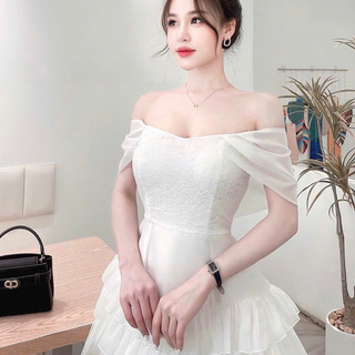 Váy Tapta Xếp Ly Ngực Trễ Vai Eo Đá