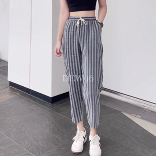 Quần baggy nữ lưng chun cạp cao dây rút, quần baggy kẻ sọc nữ chất vải đũi dạ mỏng thoáng khí