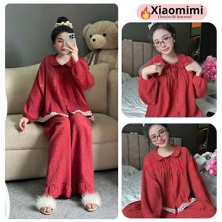 Đồ ngủ nữ pijama mặc nhà màu đỏ cổ sen dài tay chất thô đũi viền ren đi ngủ đi chơi đêu đẹp HCOM3516 Xiaomimi