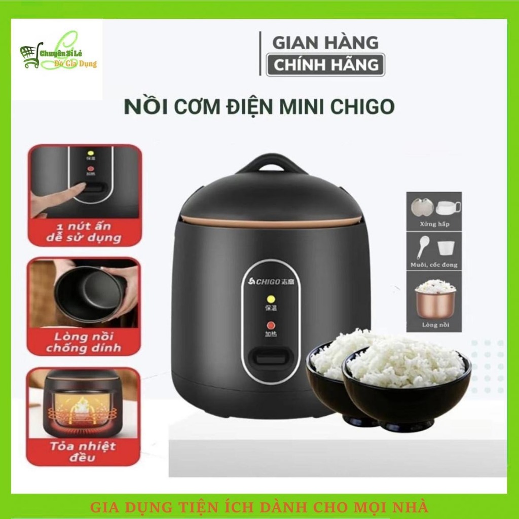 Nồi cơm điện mini tráng chống dính CHIGO, nấu hầm súp cháo đa năng, dung tích 800ml - 1L2  phù hợp cho 2 người ăn