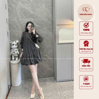 Đầm Bầu Công Sở, Đầm Thiết Kế Kẻ Caro Tay Dài Thiết Kế Xếp Ly Trước Ngực, Dáng Lỡ Xinh Xắn Có Tặng Kèm Nơ Buộc Tóc Xinh