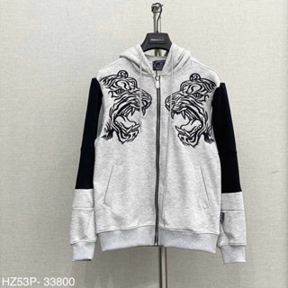 Áo khoác hoodie zip nam nữ Philipp Plein thân xám thêu hình hổ vằn phối tay đen in chữ lưng logo mũ cho các boy phố 2024