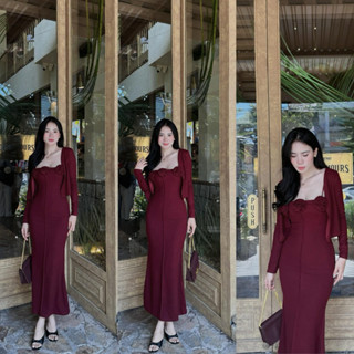 SET ĐẦM 2 DÂY ĐÍNH HOA TRÀ VÀ ÁO KHOÁT BIGSIZE