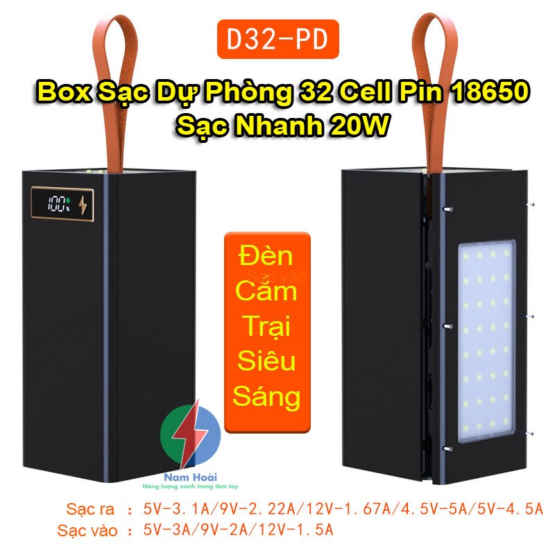 Box Sạc Dự Phòng 32 Cell Pin 18650 Sạc Nhanh 22.5W, Sạc Không Dây 15W Kèm Đèn Led Siêu Sáng Model D3