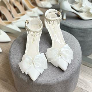 Giày cao gót _Giày đi tiệc_ Giày cưới cô dâu_ 5 PHÂN_ BÚP BÊ _mũi gắn nơ LỤA 2 LỚP _Hậu dây ĐÁ SOÀN_ SIÊU PHẨM  C