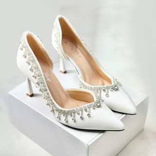 Giày Cao Gót, Giày Đi Tiệc, Giày Cưới Khoét Eo_ From 1.2_ 8 Phân_ Mũi Nhọn_ Viền Soàn Đính Kim Cương Giả Lơi Nữ Shoes