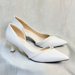 Giày Cao Gót Khoét Eo_ Viền Ren Đính MỘT Hạt Châu mũi_ Gót Cao 5cm_ Nữ Shoes