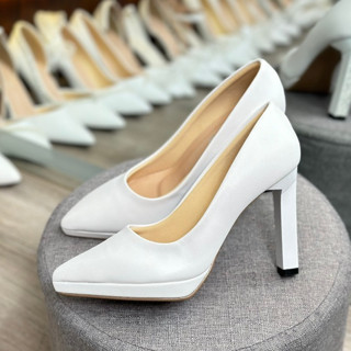Giày cao gót _Giày đi tiệc_ Giày cưới cô dâu_ BANG BÍT MŨI _ TRẮNG SI TRƠN _GÓT SOÀN_10,5 p
