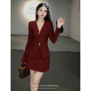 Set Đồ Nữ Dự Tiệc MEDECHILL Áo Ôm Eo Cổ V Tay Loe Phối Chân Váy Tôn Dáng Mặc Diện Lễ Tết, Giáng Sinh S763