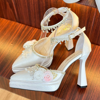 Giày cao gót_ ĐÚP HAI TẦNG MŨI NHỌN_ GÓT 11 PHÂN + ĐÍNH HOA LỤA MÀU HỒNG_FORM 1.5