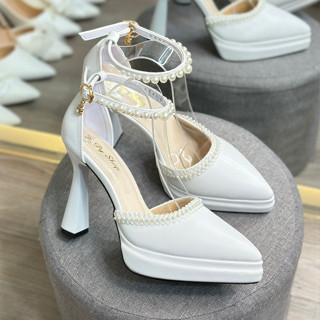 Giày cao gót_LÙI HẲN 1 SIZE _ ĐÚP KÉP MŨI NHỌN TRẮNG SI_gót cao 11cm _VIỀN REN NGỌC MŨI_HẬU DÂY NGỌC_ MẪU MỚI