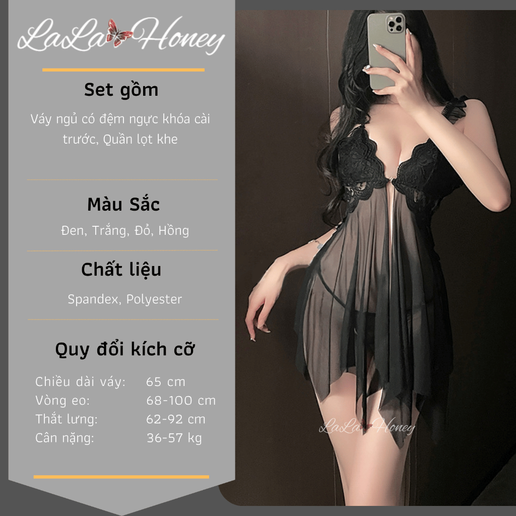 Váy Ngủ 2 Dây Sexy Gợi Cảm Xuyên Thấu Có Đệm Mút Tôn Ngực Khóa Cài Trước Quyến Rũ BẢN CAO CẤP - LALA HONEY