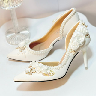 Giày Cao Gót _Giày Cưới Cô Dâu_ Hở Hông 2 Hoa Lụa Viền Ren Có Lót Mềm_ Gót 8 Phân_ Form 1.2  Shoes Nữ