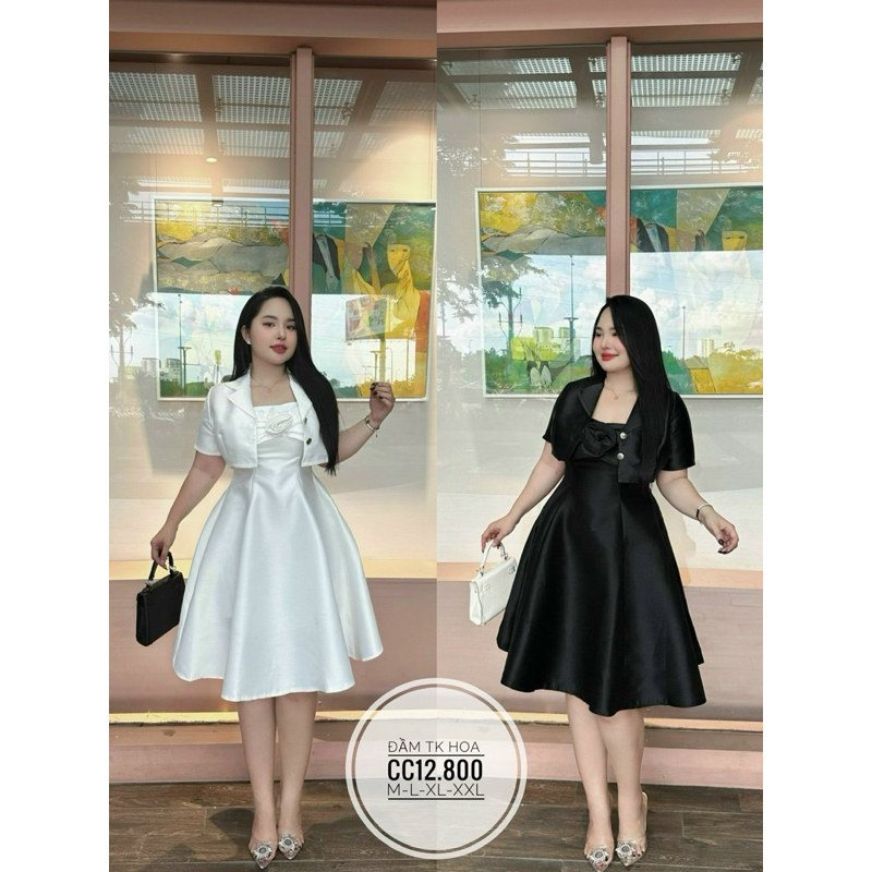 (Bigsize cao cấp) Set áo khoác vest kèm váy hai dây đính hoa sang chảnh, đầm đi tiệc bigsize 50-90kg