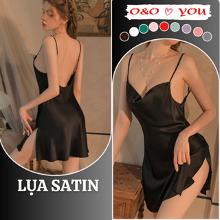 Đầm ngủ 2 dây cổ đổ liền thân xẻ tà 1 bên chất liệu lụa Satin cao cấp, váy ngủ quảng châu A25588 O&O