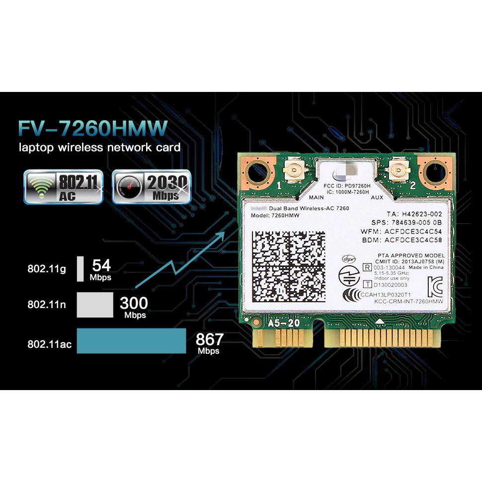Intel® Wireless-AC 7260 ( Mini PCIe ) - Wifi card 2 băng tần tích hợp Bluetooth cho laptop, máy tính