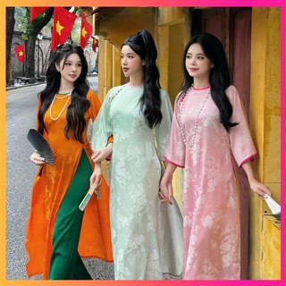 Áo dài cách tân nữ dáng suông vải gấm Đào Hạc cổ tròn đính cúc né viền cổ tay hàng may sẵn