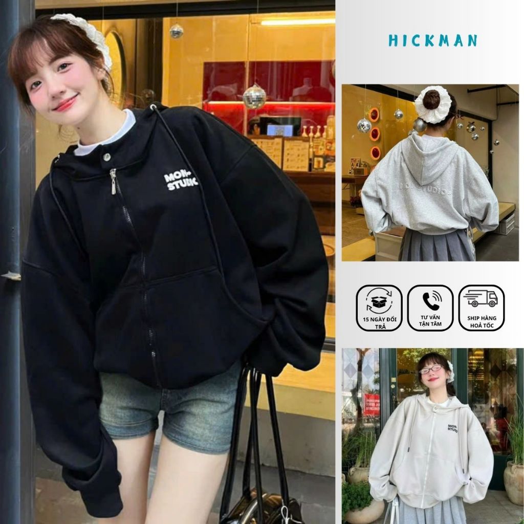Áo Khoác Hoodie Zip BOXY Dập Nổi Mon Studio, Áo Khoác Chất Nỉ Cao Cấp Fom Dáng UNISEX HoTTrend-HICKM