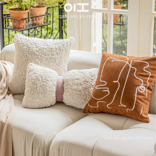  Gối sofa tựa lưng gối vuông trang trí lông cừu nơ và da lộn 45x45cm OH Decor 