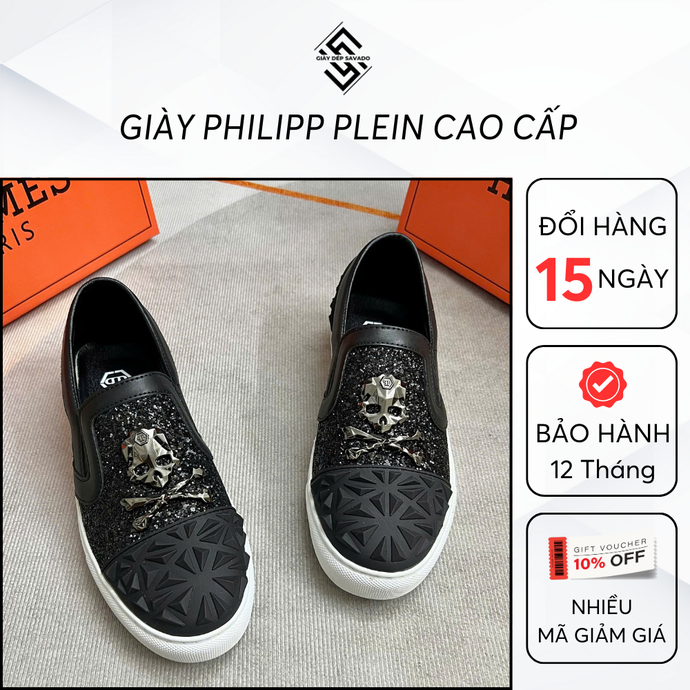 Giày Lười Nam Slipon Philipp Plein Đính Đá Cao Cấp, Giày Slipon Nam Logo Đầu Nâu Kim Loại (SL10)