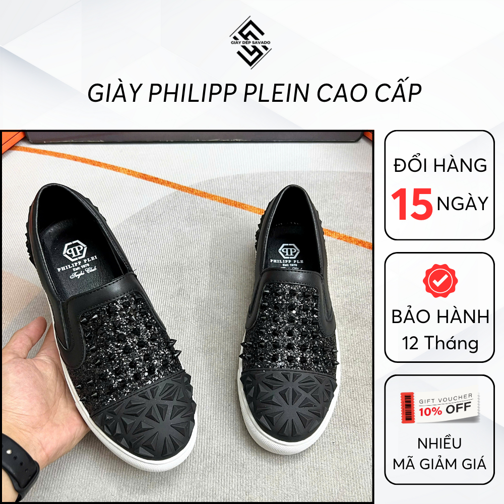 Giày Lười Nam Slipon Philipp Plein Đính Đinh Cao Cấp, Giày Slipon Nam Boy Phố Đính Đá (SL12)