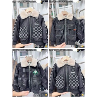 Áo khoác da lót lông cổ lông QCCC dày dặn phong cách Hàn Quốc cho bé trai từ 15-35kg (4 mẫu)