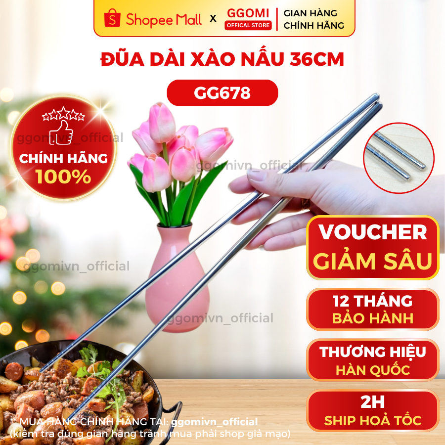 Đũa xào inox công nghệ chân không Ggomi GG678 dài 36cm đầu đũa có khấc chống trơn, cán đũa hình vuôn