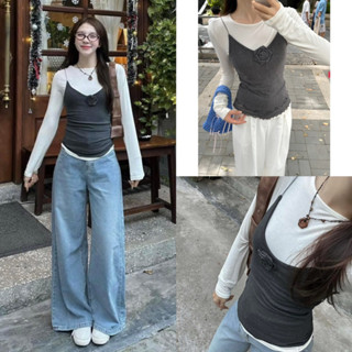 [Hàng sẵn/QC] Set áo thun dài tay + áo 2 dây đính hoa hồng màu xám style Douyin siêu hot hit