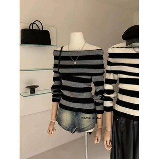  LEMONA x WGWE - Áo Len Tăm Trễ Vai Kẻ Sọc Ngang Dài Tay Nữ Tính Sang Chảnh W2799# 