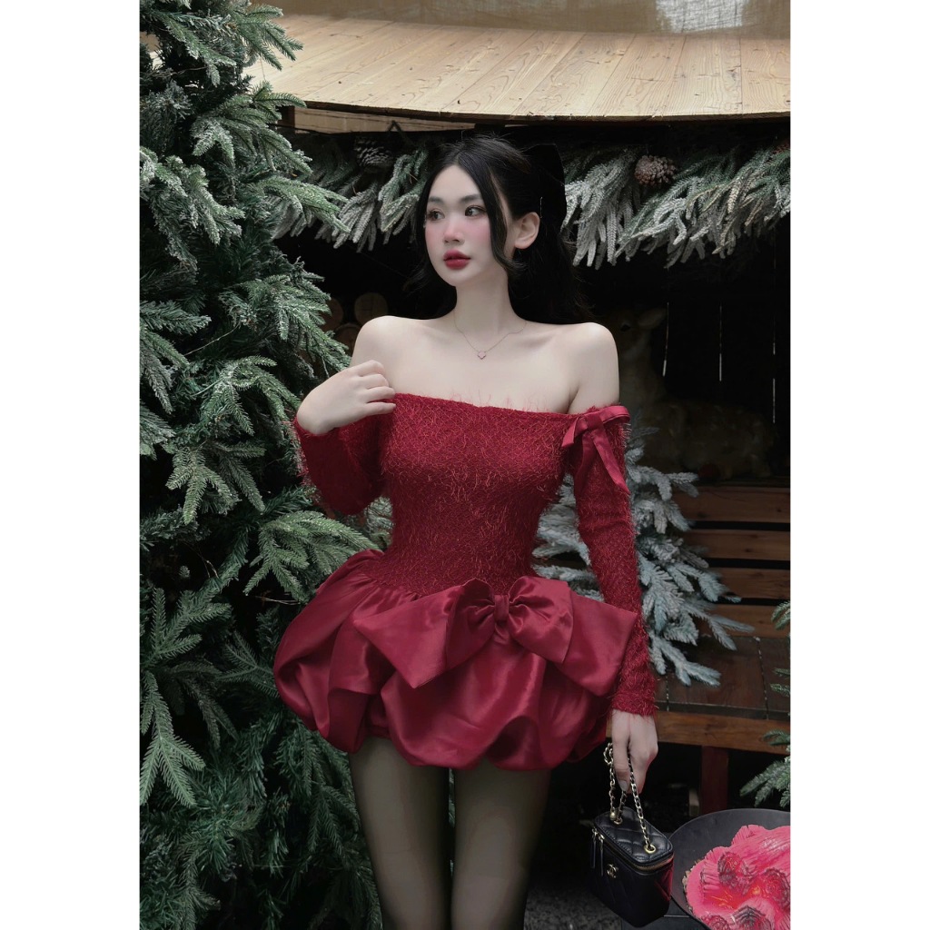 VÁY TRỄ VAI ĐÍNH NƠ XINH REN PHỐI LÔNG TƠ GIÁNG SINH