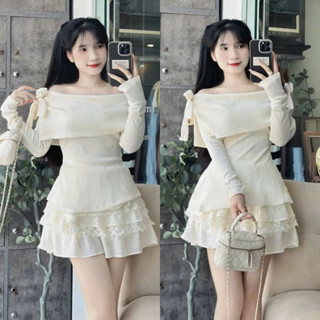 Set Áo Váy - Áo Trễ Vai Tăm Bẹt Vai Thắt Nơ Vạt Chéo Kèm Chân Váy Xòe Phối Ren Siêu Xinh