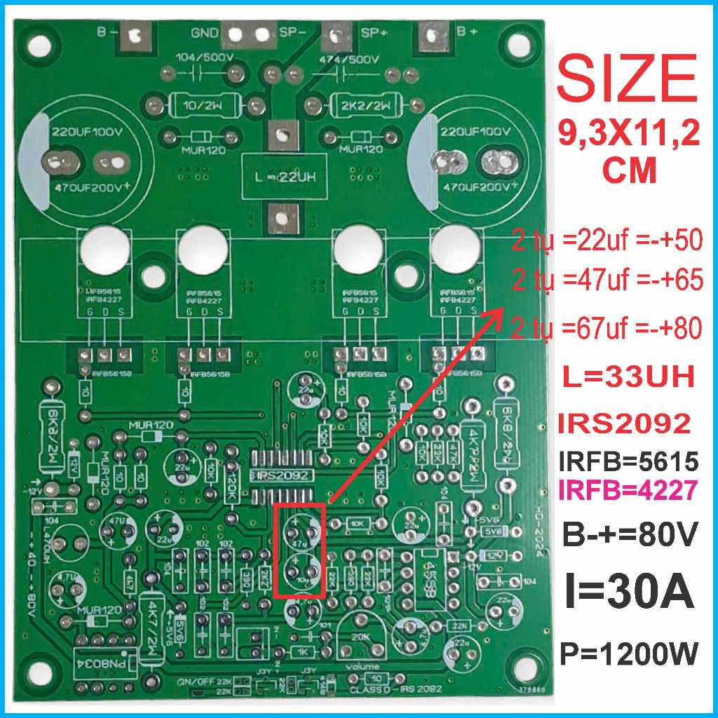 Pcb mạch công suất class d ,ic2092 ,fet 5615,irfb4227.cuộn cảm 33uh, nhôm , size pcb :8,8*11.7 cm