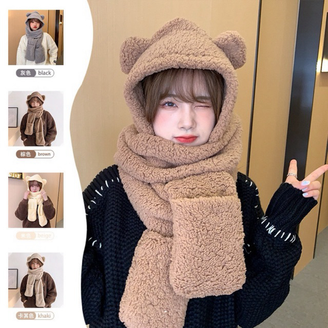 Mũ lông tai gấu kèm khăn quàng cổ bao tay 3 trong 1 ấm áp | BigBuy360 - bigbuy360.vn