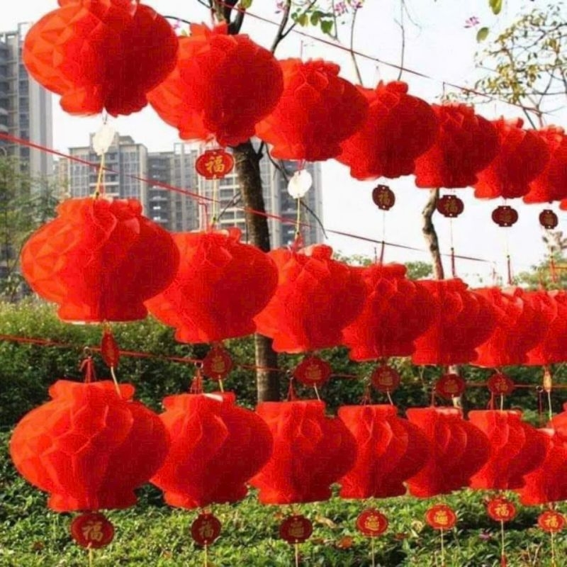 Quả cầu đỏ.Đèn lồng đỏ tổ ong nilong treo trang trí Tết, Tết nguyên đán, rằm Trung thu