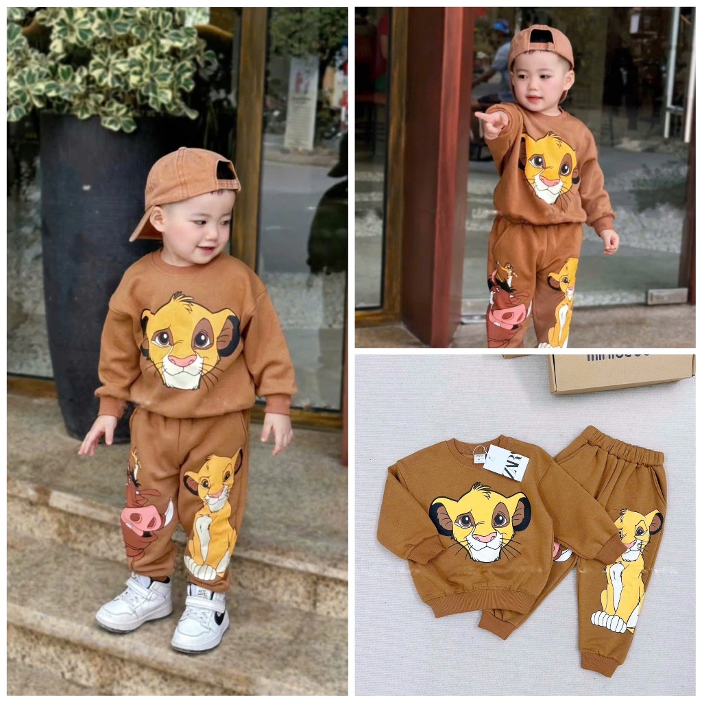 BN198-Bộ nỉ thu đông bé trai SƯ TỬ màu  vàng đậm VNXK MAi linh KID 2