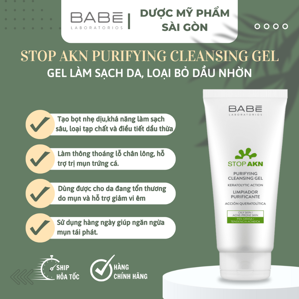 Sữa Rửa Mặt BABE Stop AKN Purifying Cleansing Gel Cho Da Dầu Mụn