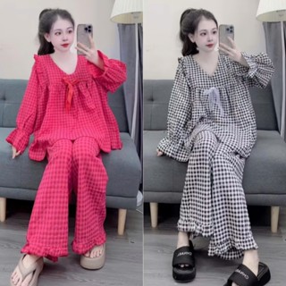 Set pijama dài dài chất cotton xốp họa tiết kẻ caro tay dài quần dài cổ V dáng babydoll bánh bèo thu đông CARY