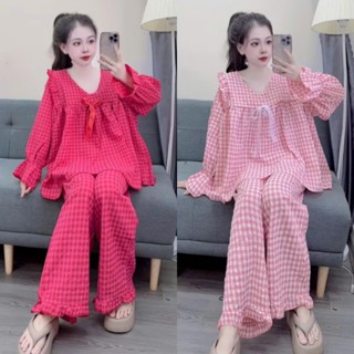 Đồ bộ mặc nhà, set đồ bộ nữ pijama tay dài quần dài kẻ caro chất cotton xốp cổ V dáng babydoll dễ thương CARY