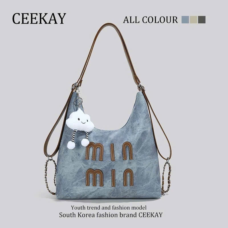 Túi Xách Ceekay Chính Hãng - Túi Da Nhám Đeo Vai Thêu Chữ Nổi MinMin Phối Móc Gấu Cao Cấp Thanh Lịch