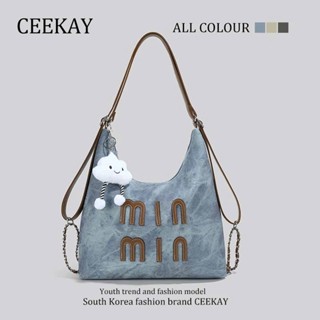 Túi Xách Ceekay Chính Hãng - Túi Da Nhám Đeo Vai Thêu Chữ Nổi MinMin Phối Móc Gấu Cao Cấp Thanh Lịch