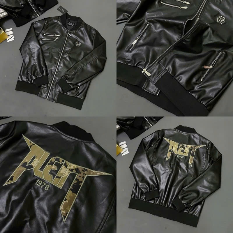 Áo Khoác Da Bomber Jacket Nam Philipp Plein Da Pu Bóng Thêu Logo Da Tag Sắt Khoá Zip Hàng Quảng Châu