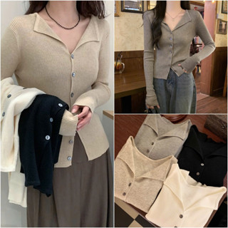 Áo len tay dài nữ kiểu cổ bẻ chữ V polo dệt kim dáng ôm body cardigan len tăm mongtoghi Quảng Châu