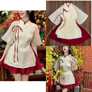  Set váy cách tân TRƠN  chất tơ 2 lớp áo tay lỡ cổ trụ xẻ tà cột dây nơ chân váy màu đỏ mặc đi chơi Tết siêu sang 