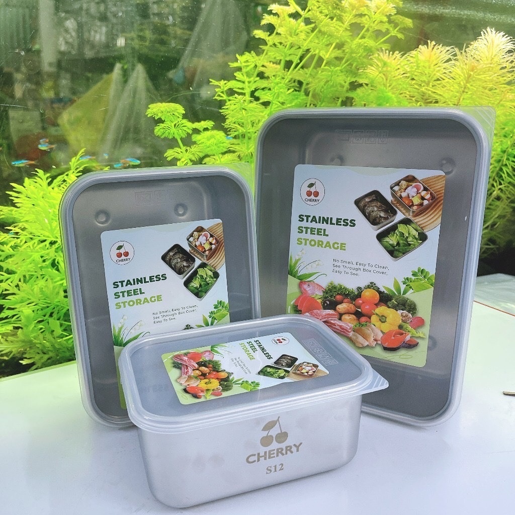 Bộ 3 Hộp Chữ Nhật CHERRY/ DELI Đựng Thực Phẩm Inox 304 Chống Gỉ Nắp Nhựa. Hộp Đựng Thực Phẩm Cao Cấp