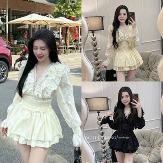  Set váy chất vải voan tơ nhiều tầng đính đá siêu sáng tay dài chân váy mango tầng phối ren xinh xắn 