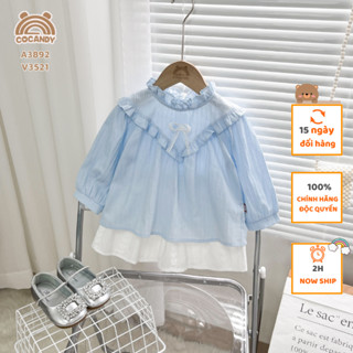 Set đồ cho bé -Áo dài babydoll XANH MINT cổ bèo nơ ren và Chân váy BE xếp ly phối túi cho bé của COCANDY mã A389,V2501